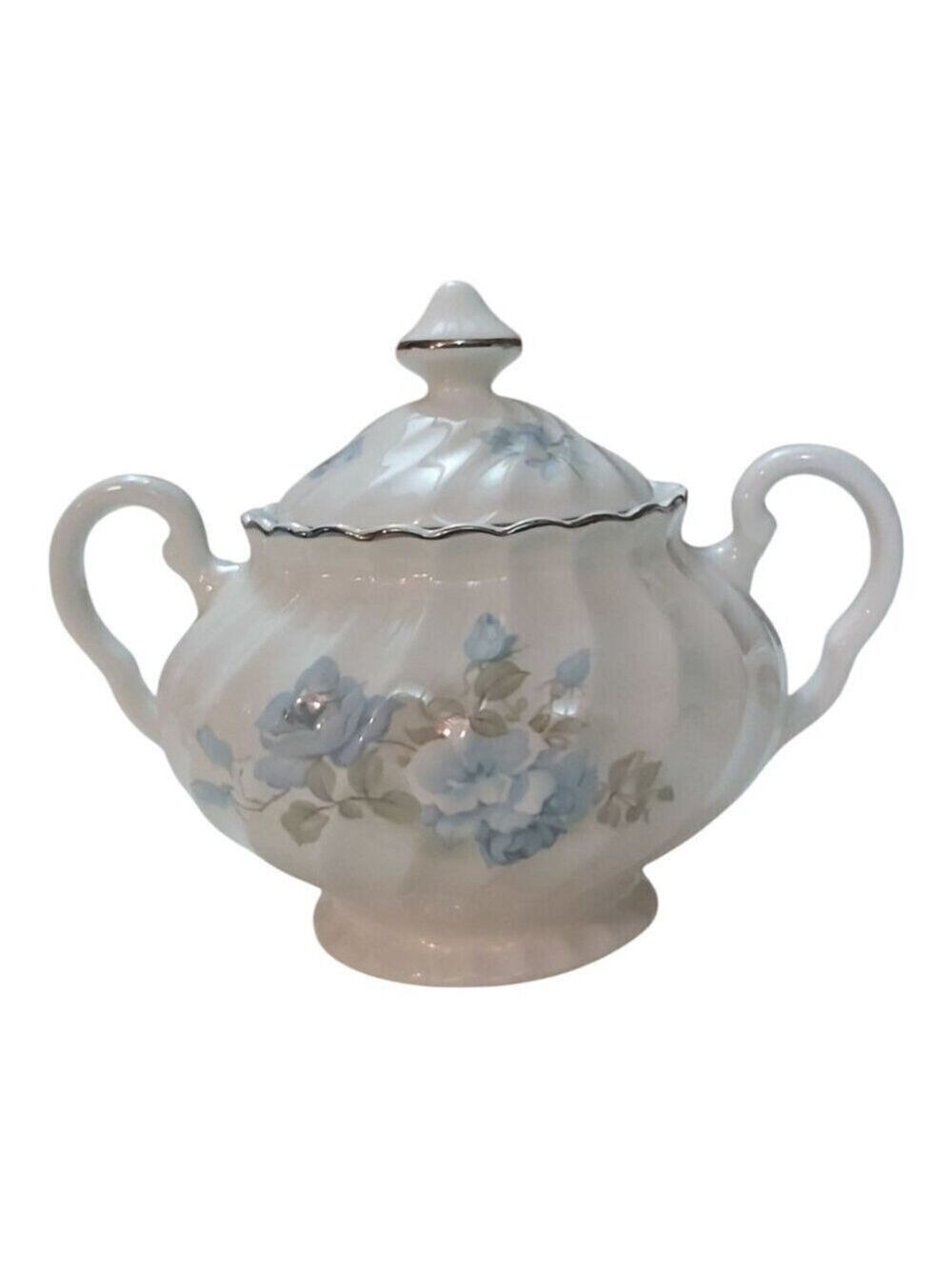 Vintage Porcelain Covered Sugar Bowl with Lid - Blue Floral Pattern Silver Trim